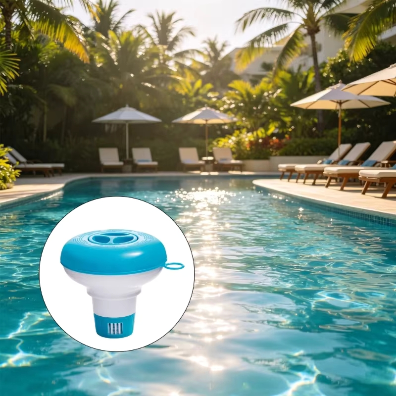 Swim Buoy Open Water - 水泳プールの水ケア用フローティングプールタブレットディスペンサー、上部開口部と24BD付きの青白プラスチックディスペンサー